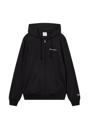 Sudadera negra con cremallera, hecha de mezcla de algodón, con un bolsillo frontal, capucha con cordones y el logo "Champion" en blanco en el pecho.