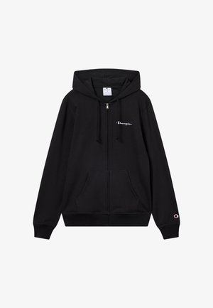 Sudadera negra con cremallera, hecha de mezcla de algodón, con un bolsillo frontal, capucha con cordones y el logo "Champion" en blanco en el pecho.