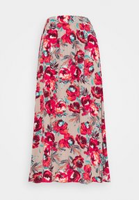 Floral maxi skirt in beige, featuring large red and turquoise flowers, lightweight fabric, flared design, and elastic waistband.