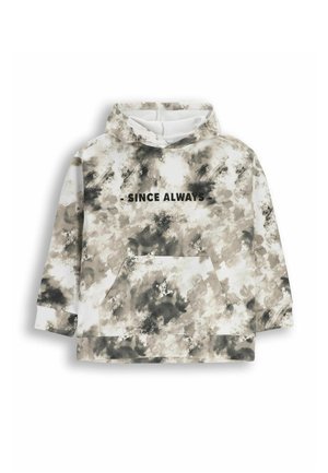 Bluza z kapturem w szarym i białym abstrakcyjnym wzorze, z przednią kieszenią i napisem "OD ZAWSZE" w kolorze czarnym. Miękka tekstura materiału.