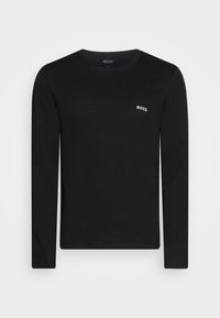 T-shirt à manches longues noir en coton doux, avec un logo "BOSS" blanc subtil sur la poitrine et un col rond classique.