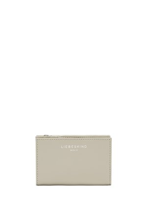 Porte-cartes LIEBESKIND en cuir beige clair, au design rectangulaire élégant, avec des bords surpiqués et un logo embossé en argent.