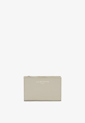 Porte-cartes LIEBESKIND en cuir beige clair, au design rectangulaire élégant, avec des bords surpiqués et un logo embossé en argent.