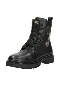 Zwarte synthetische enkellaarzen met een textuurafwerking, vetersluiting, ronde neus en hartvormige accenten in goud en zilver. Dikke rubberen zool.