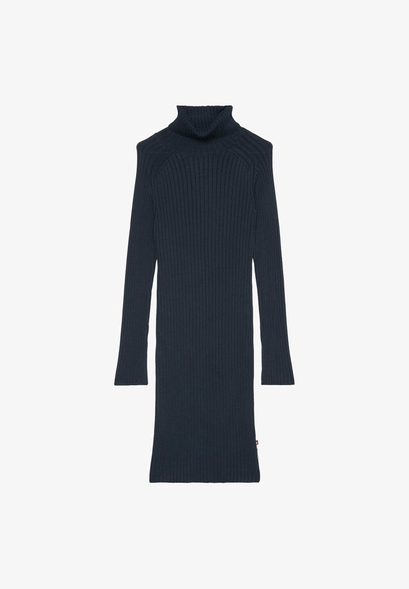 Robe col roulé en maille côtelée bleu marine foncé à manches longues, silhouette ajustée et ourlet mi-long.