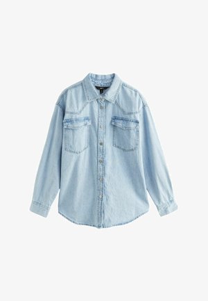 Hele sinine teksashirt, millel on nööpide kaudu kinnitatud esiosa, terav krae, kaks rinna-taskut ja pikad varrukad nööpidega mansettidega. Pehme tekstuur.