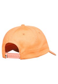 Orange baseball cap with adjustable snapback closure, visible stitching, and ventilation eyelets, shown from the back right side.