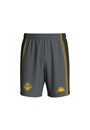 Pantaloncini sportivi grigi con strisce gialle ai lati e due loghi gialli vicino agli orli, uno con una fleur-de-lis e l’altro con due figure sedute.