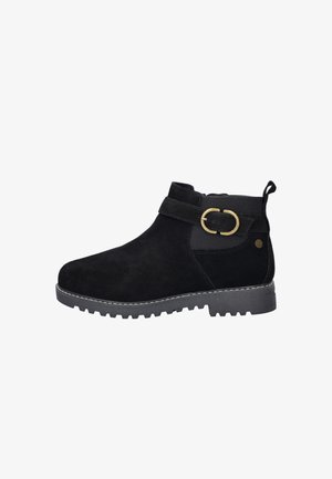 Zwarte nubuck enkellaarsjes met een ronde neus, enkelbandje, gouden gespaccent en een getextureerde rubberen zool. Voorzien van zij-elastiek voor eenvoudig aan- en uittrekken.