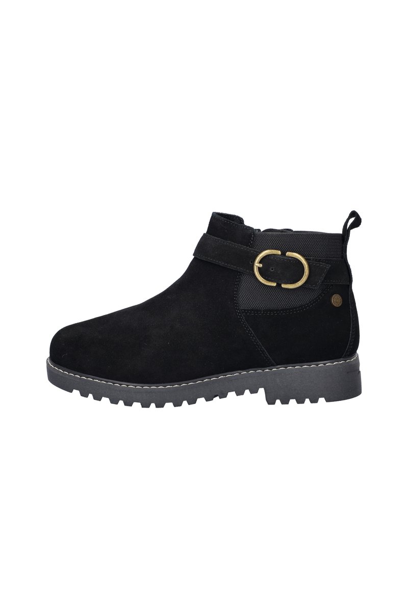 Zwarte nubuck enkellaarsjes met een ronde neus, enkelbandje, gouden gespaccent en een getextureerde rubberen zool. Voorzien van zij-elastiek voor eenvoudig aan- en uittrekken.