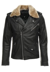 Giacca da biker in pelle nera con colletto in pelliccia sintetica beige, zip argentata asimmetrica, tasche con zip e tasca con pattina a bottone a pressione.