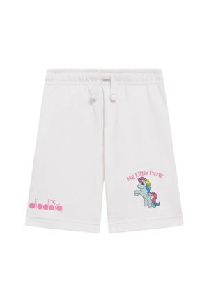 Pantaloncini bianchi con coulisse con scritta "My Little Pony" e grafica colorata di un pony sulla gamba destra, e logo rosa Diadora sulla gamba sinistra.