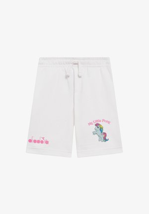 Pantaloncini bianchi con coulisse con scritta "My Little Pony" e grafica colorata di un pony sulla gamba destra, e logo rosa Diadora sulla gamba sinistra.