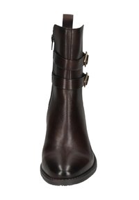 Braune Lederstiefelette mit zwei horizontalen Riemen und Schnallen. Glatte Textur, spitze Zehenform und ein Reißverschluss an der Rückseite für den Verschluss.