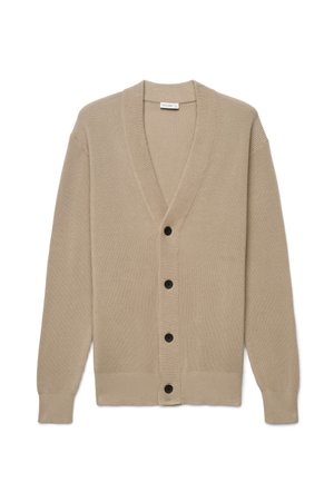 Beige ribbed knit cardigan with long sleeves, V-neck, and four black buttons down the front.