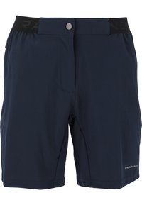 Marinblå sportshorts i lättviktsmaterial, med elastisk midja, knappstängning och logotyp på nedersta vänstra sidan.