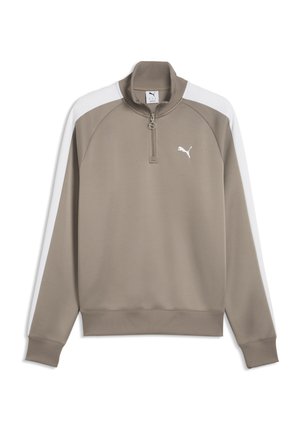 Taupe Puma pullover med hvide skulderstriber, ribbet manchet og kant, og en quarter-zip krave, vist på hvid baggrund.