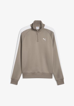 Taupe Puma pullover med hvide skulderstriber, ribbet manchet og kant, og en quarter-zip krave, vist på hvid baggrund.