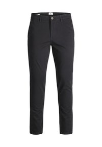 Black slim-fit trousers with button and zip closure, belt loops, and front pockets, displayed against a white background.