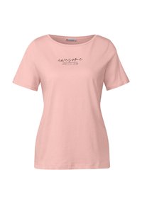 T-shirt rose à manches courtes en coton doux, avec un col rond et des lettres noires portant un message motivant sur le devant.