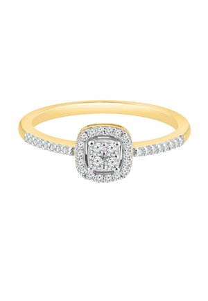 Dunne gouden ring met een vierkante cluster diamanten in het midden en kleine diamanten langs de band.