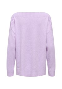 Liliowy sweter z pulowerem z prążkowanym dekoltem i mankietami, o luźnym kroju i miękkiej fakturze, prezentujący prosty, minimalistyczny design.