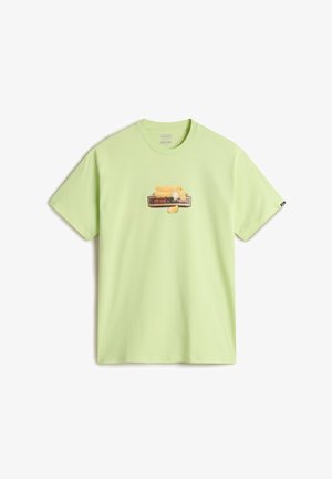Light green cotton t-shirt featuring a graphic of a yellow teddy bear on a digital clock design. Short sleeves and a crew neckline.