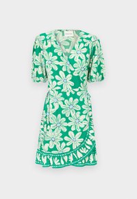 Groene wikkeljurk met korte, pofmouwen, versierd met witte bloemenpatronen en een decoratieve zoom. Lichtgewicht stof met een zachte textuur.