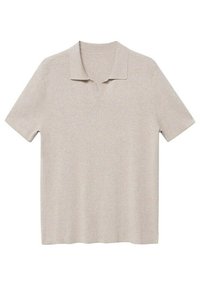 Polo shirt beige à manches courtes en tissu texturé, avec un col en V et un ourlet droit. Style simple et minimaliste.