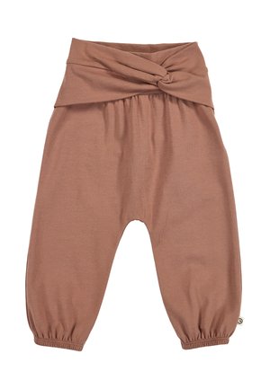 Weiche braune Kleinkinderhosen mit einem gedrehten breiten Bund und elastischen Bündchen an den Beinen.