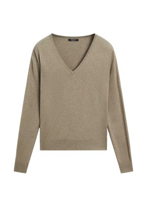 Pull en V couleur kaki avec des manches longues, fabriqué dans un matériau doux, offrant une coupe décontractée et des détails de bord côtelé.