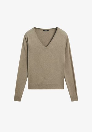 Khaki green V-neck sweater with long sleeves, made from a soft material, featuring a relaxed fit and ribbed hem details.