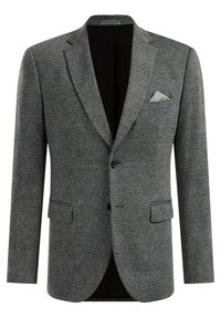 Grå rutigt kavaj med slagkrage, två knappar och tre fickor. Tillverkad av textilier med en subtil rutmönster och en svart foder.