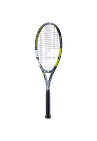 Tennismail met een grijs en wit frame, zwarte grip en gele accenten. Geladen kop met een druppelvorm, ontworpen voor prestaties.