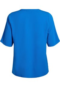 Sininen lyhythihainen paita pyöreällä kauluksella, valmistettu teksturoituvasta kankaasta, jossa on rento istuvuus ja suora alahelma.