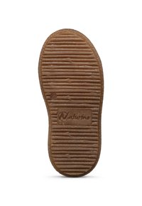 Semelle de chaussure en caoutchouc brun avec une texture striée, forme ovale et logo "Naturino" embossé sur la surface.
