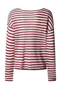 Strickpullover mit langen Ärmeln und horizontalen rot-weißen Streifen, gerippte Bündchen und Saum, Rückansicht.