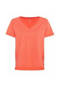 V-hals, kortærmet t-shirt i klar koral. Fremstillet af blødt, letvægtsstof med en let struktureret overflade og sideskår for komfort.