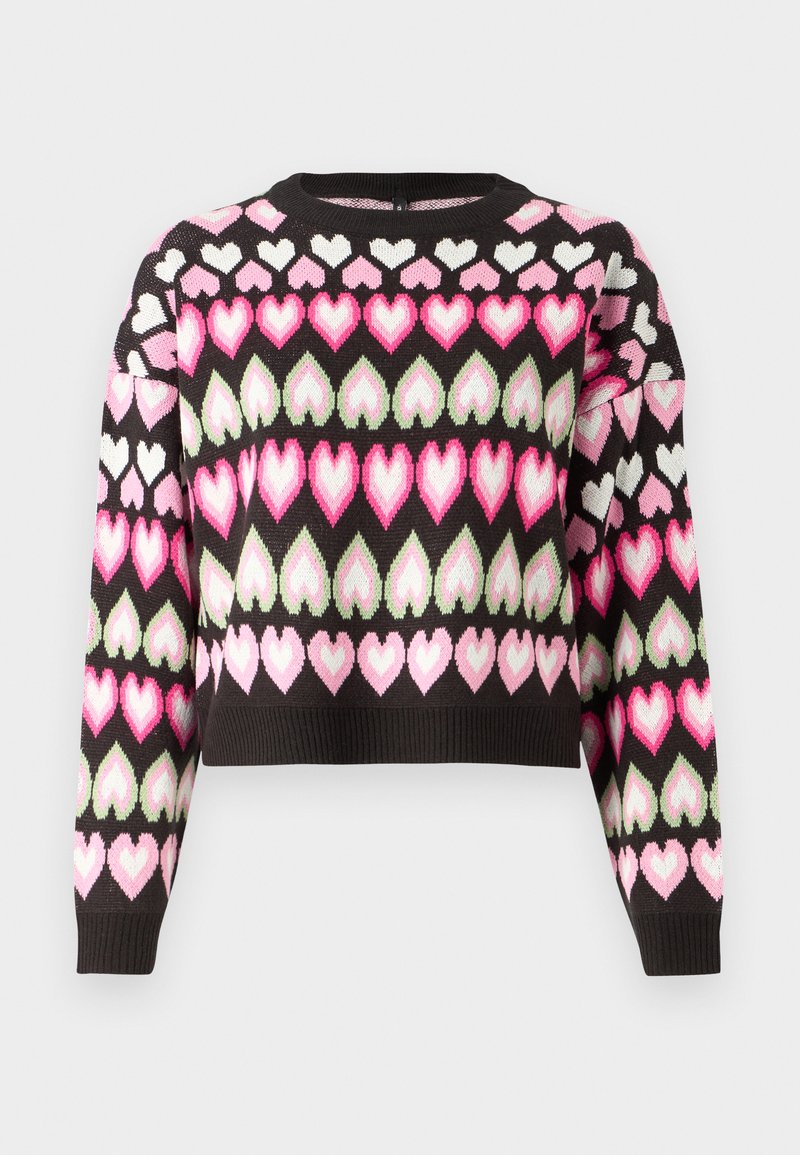 Maglione accorciato in nero con un motivo a cuori colorato in rosa e verde. Texture a maglia e polsini a coste presenti. Collo rotondo.