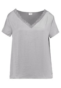Top gris de manga corta con escote en V, que cuenta con un borde de encaje alrededor del cuello. Fabricado con una tela suave y texturizada. Corte relajado.