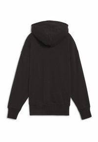 Felpa nera con cappuccio, caratterizzata da una vestibilità comoda, maniche lunghe, polsini a coste e un colore uniforme senza modelli o decorazioni.