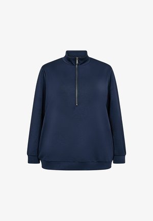 Pulover kapućenice v mornarsko modri barvi z dvignjenim ovratnikom, pol-zadrgo na sprednji strani, dolgimi rokavi, rebrastim robom in gladko teksturo tkanine.