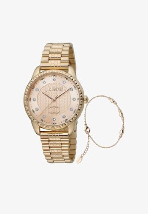 Golg-farbene Armbanduhr mit strukturiertem Zifferblatt, Kristall-Stundenmarkierungen und einem verlinkten Armband. Beinhaltet eine passende zarte Armbandkette.