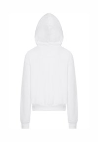 White hooded sweatshirt with long sleeves, ribbed cuffs, and a fitted hem. Smooth texture with no visible patterns or accents.