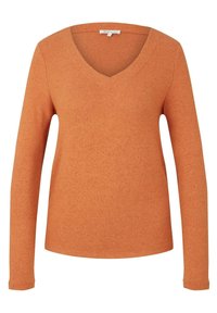 Sweter z długim rękawem w serek w melanżowym pomarańczowym kolorze. Oferuje dopasowany krój i miękką teksturę. Bez dodatkowych ozdobników ani wzorów.