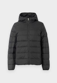Svart puffjakke med hette, med frontglidelås, horisontalt quiltet design og elastiske mansjetter. Glatt tekstur og lett materiale.