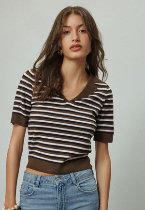Next TALL FIT - SUPERSOFT SHORT SLEEVE OPEN NECK POLO TOP - T-shirt basic - chocolate brown pink stripe