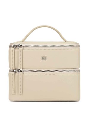 Beige rectangular cosmetic case with two zippered compartments, featuring a top handle and silver-toned hardware. Smooth leather texture.