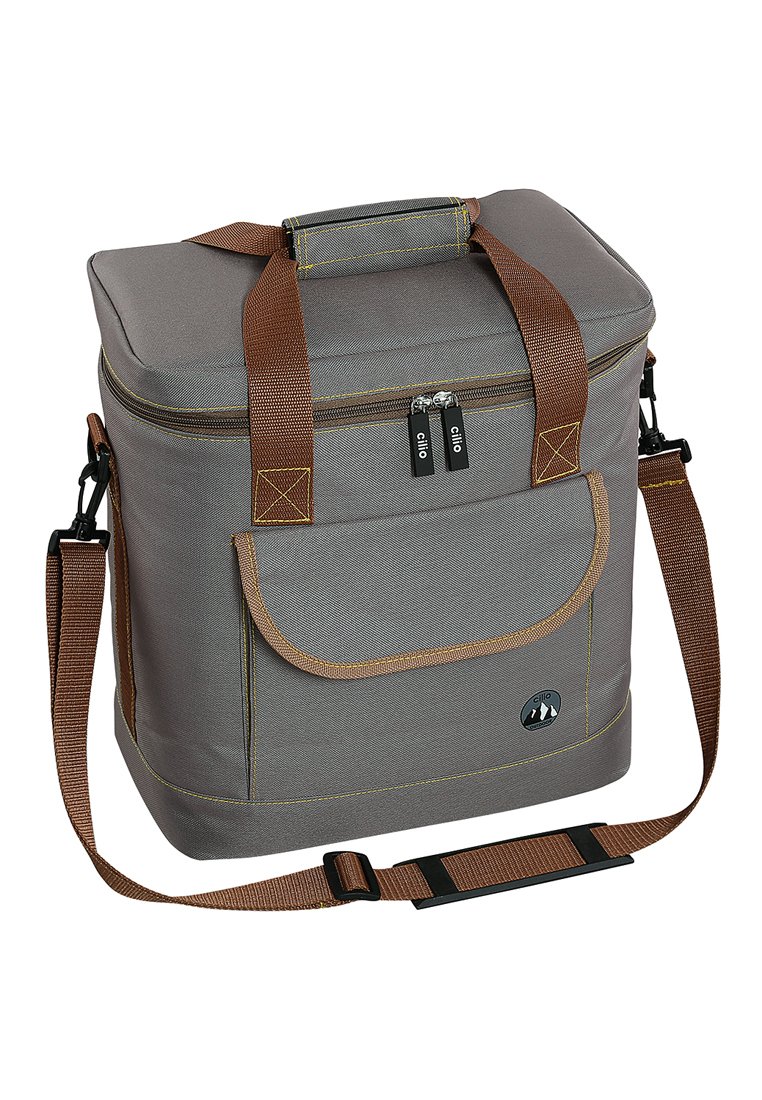 Grau isolierte Kühltasche mit braunen Griffen und verstellbarem Schultergurt, Klappe des Fronttasche und doppeltem Reißverschlussverschluss oben.