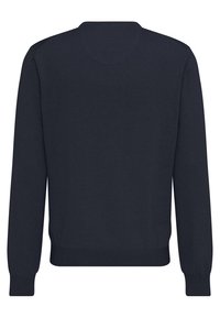 Sweatshirt marin cu guler rotund, mâneci lungi, manșete și tiv dublat; realizat dintr-un material texturat cu un design simplu și fără branding vizibil.